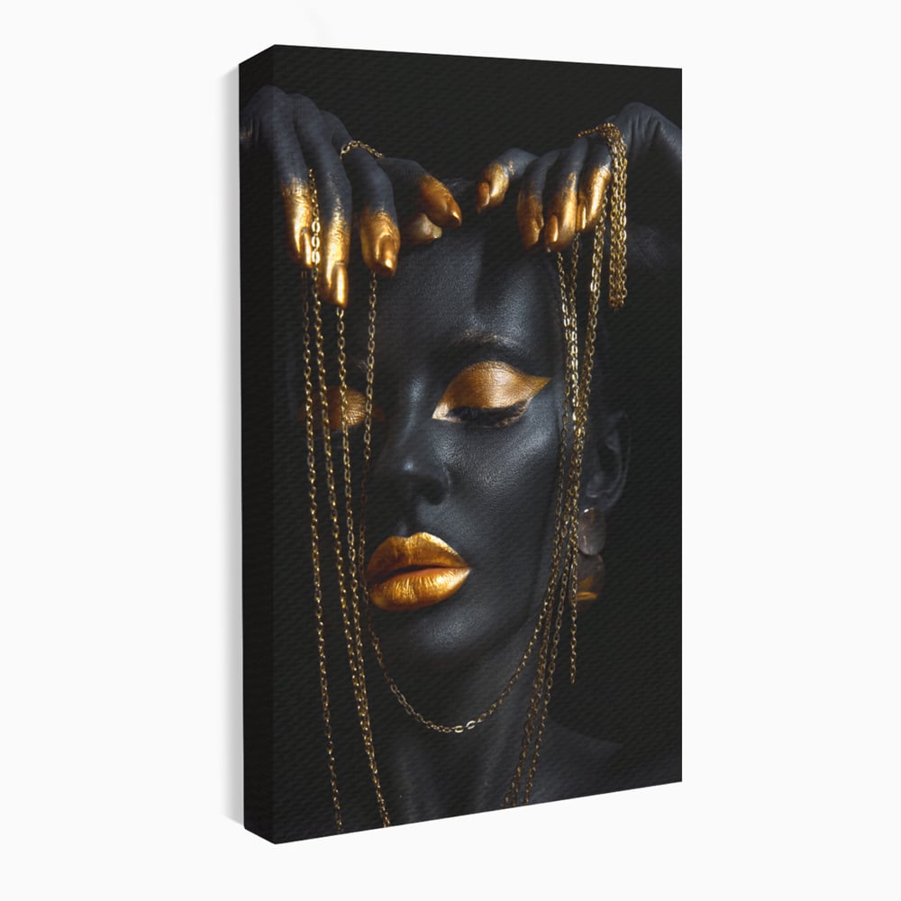 Tablou canvas cu tablou portret femeie vopsita in negru si auriu, fara rama, pe sasiu de lemn